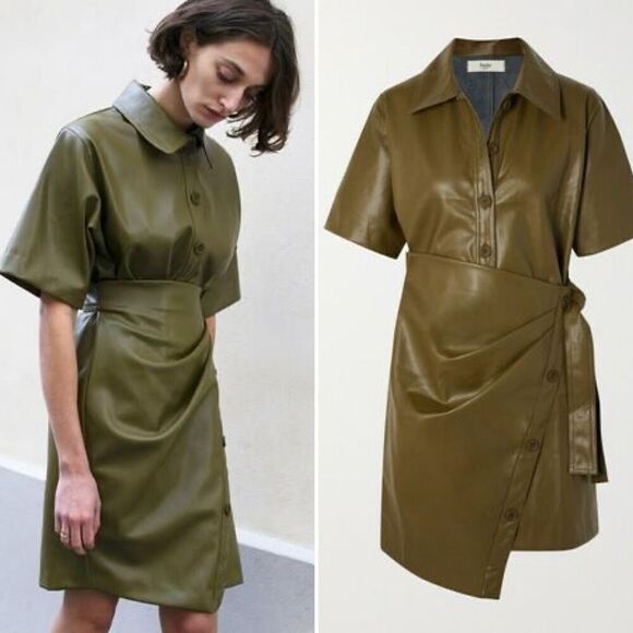 The Frankie Shop Zoeyy Faux Leather Wrap Dress Khaki Green Size Small - Picture 1 of 9